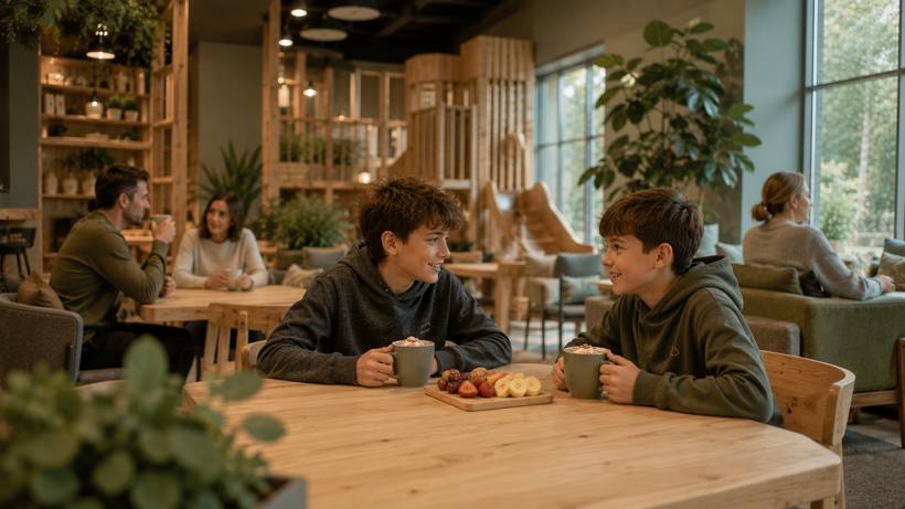 Children and relaxed parents in the Lumiplay cafe