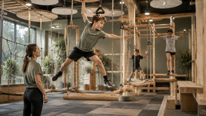 Older children on a ninja style timber obstacle course