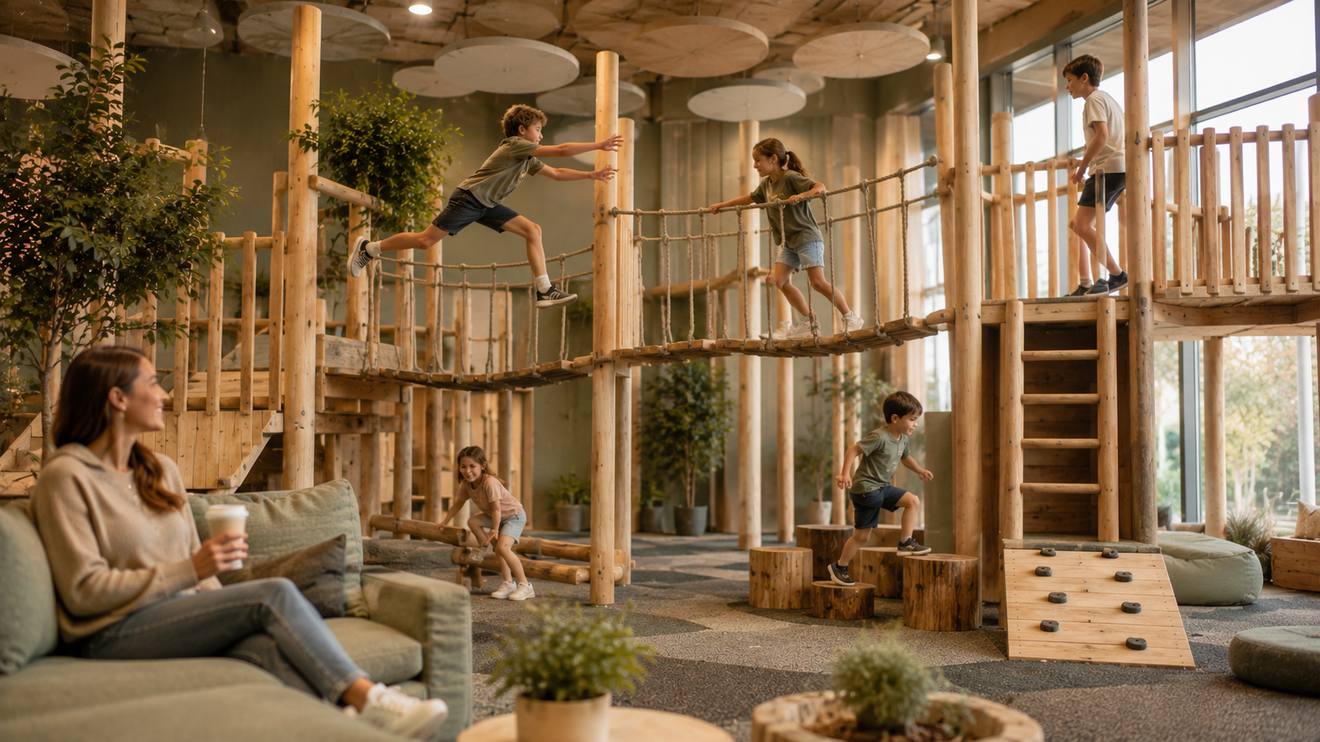 Children playing on a timber adventure frame at Lumiplay