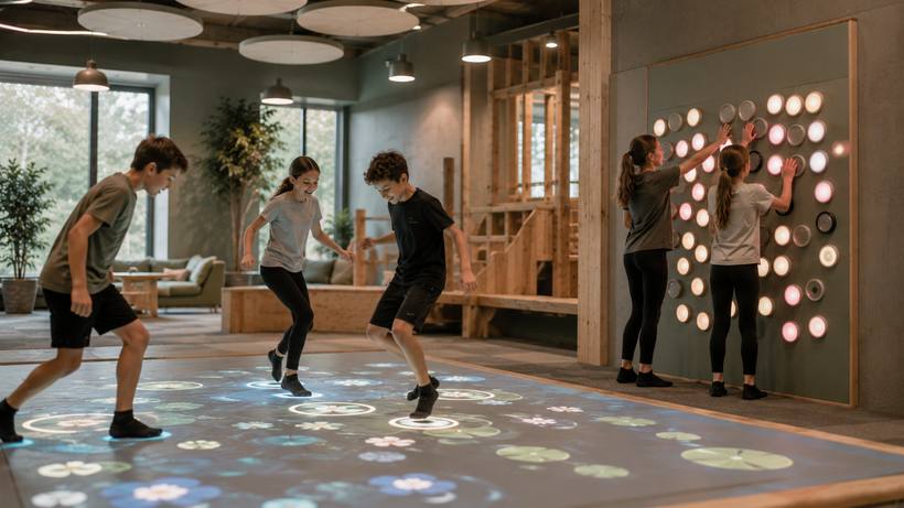 Children playing on an interactive tech floor and light up wall